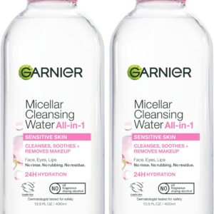 Garnier Micellar Water, Hydrating Facial Cleanser & Makeup Remover, Suitable for Sensitive Skin, Vegan, Cruelty Free, 13.5 Fl Oz (400mL), 2 Count