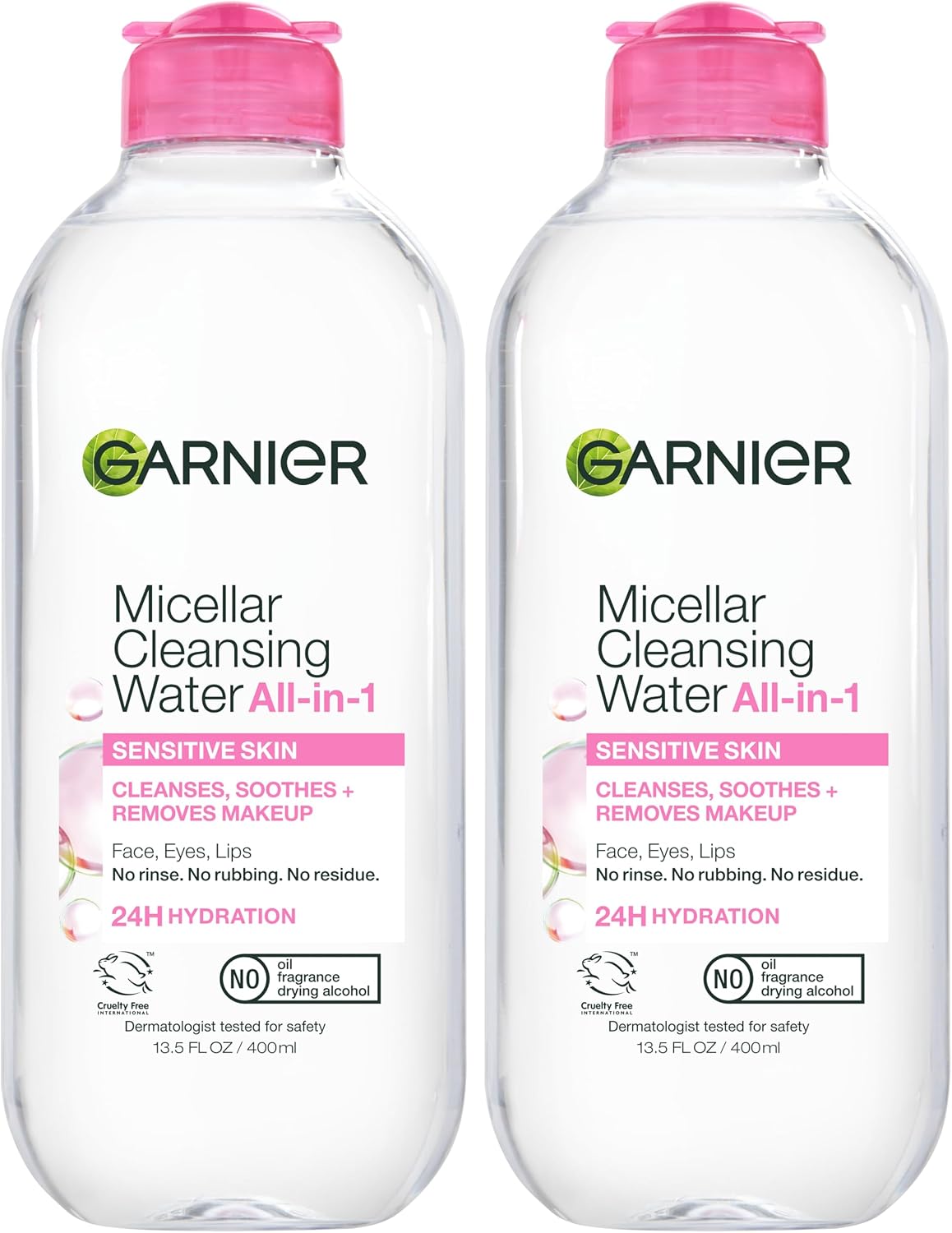 Garnier Micellar Water, Hydrating Facial Cleanser & Makeup Remover, Suitable for Sensitive Skin, Vegan, Cruelty Free, 13.5 Fl Oz (400mL), 2 Count